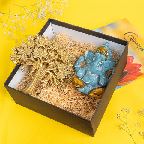 Brass Tree of Life with Resin Blue Ganpati Gift Set/Hamper