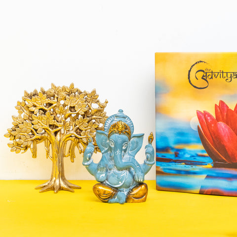 Brass Tree of Life with Resin Blue Ganpati Gift Set/Hamper