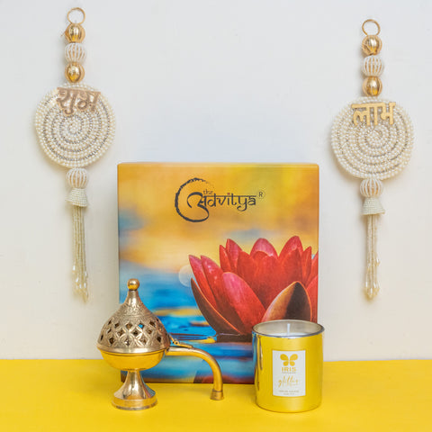 Brass Dhoop Stand with Shubh Labh Hamper & Jar Candle gift set