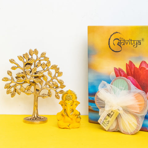 Brass Tree of Life with Yellow Ganpati & Candles Gift Set/Hamper