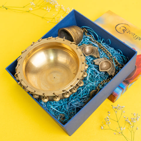 Brass Ghungroo Urli with Hanging Bell & Lotus Diya Pair Gift Set/Hamper