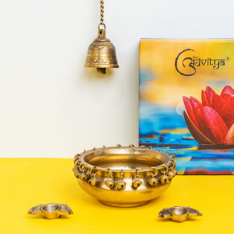 Brass Ghungroo Urli with Hanging Bell & Lotus Diya Pair Gift Set/Hamper