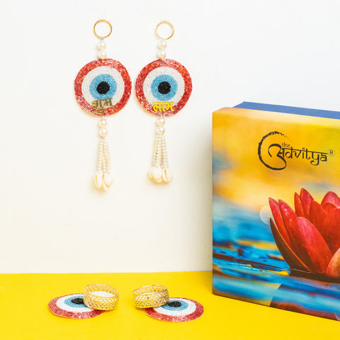 Pink Evil Eye Shubh-Labh Pair With Candle Holder Gift Hamper