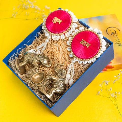 Brass Elephant Pair with Lotus Diya & Shubh-Labh Gift Set/Hamper