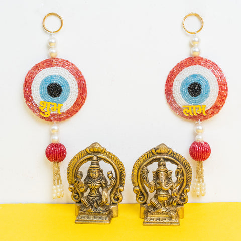 Brass Ganesh Laxmi with Pink Evil Eye Wall Hanging Gift Set/Hamper