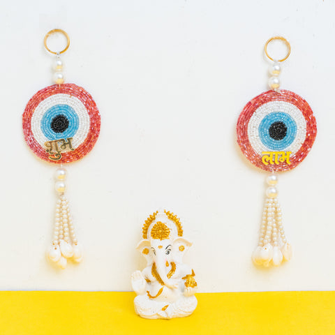 Pink Evil Eye Wall Hanging with White Resin Ganpati Gift Hamper