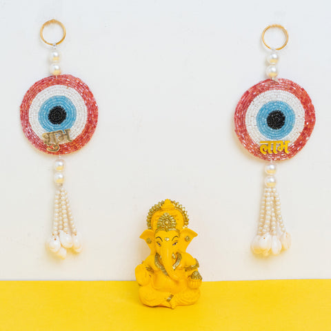 Pink Evil Eye Wall Hanging with Yellow Resin Ganpati Gift Hamper