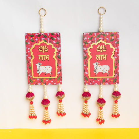 Metal Urli with Moroccan Lantern and Red Shubh-Labh Pichwai Wall Hanging Gift Set