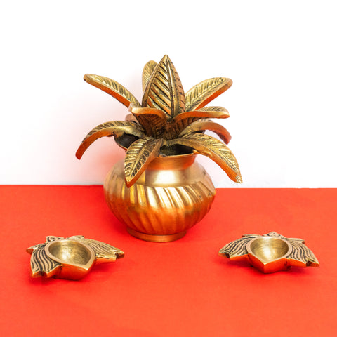 Brass Kalash and Lotus Diya Pair Gold Gift Set