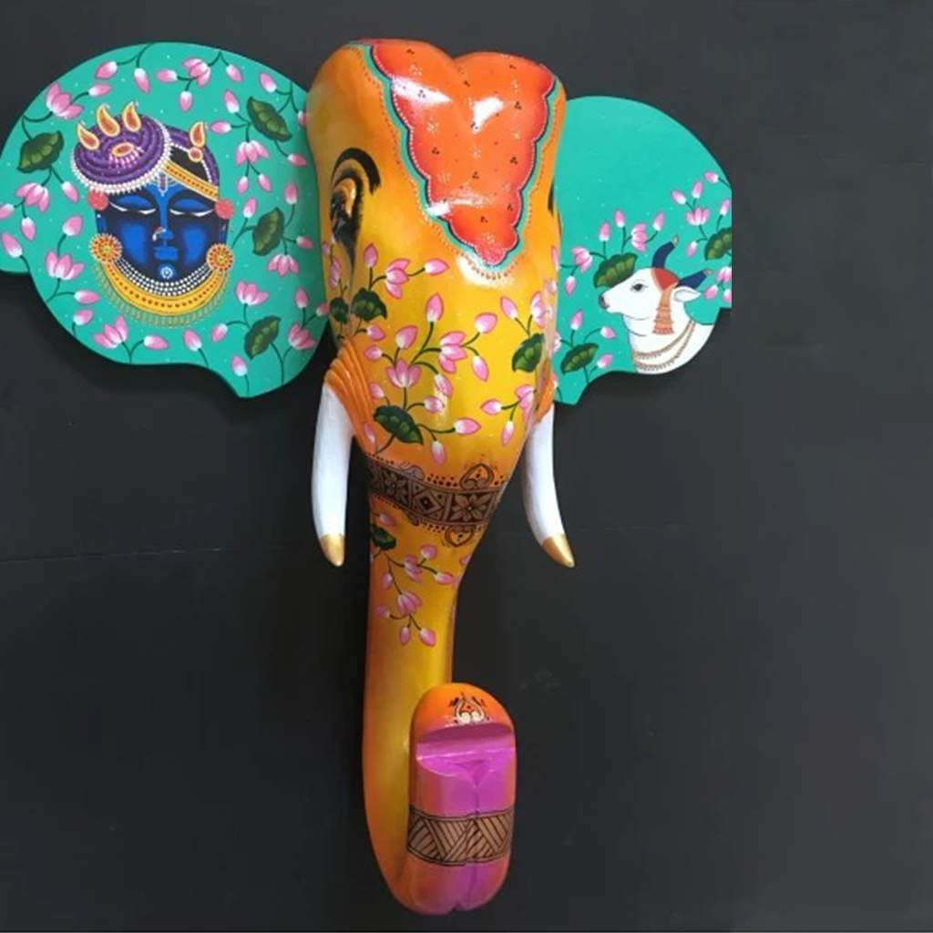handmade orange wooden elephant , wooden picwai elephant , wooden elephant, pichwai wooden elephant head, wooden elephant head