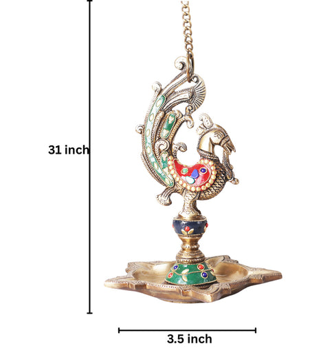 Brass Sparrow Hanging Diya in Mosaic Work