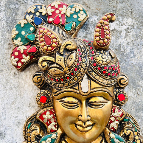 Brass Lord Krishna face Wall Hanging With Stone work