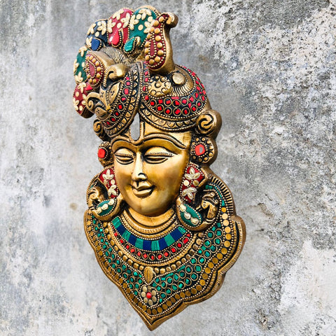 Brass Lord Krishna face Wall Hanging With Stone work