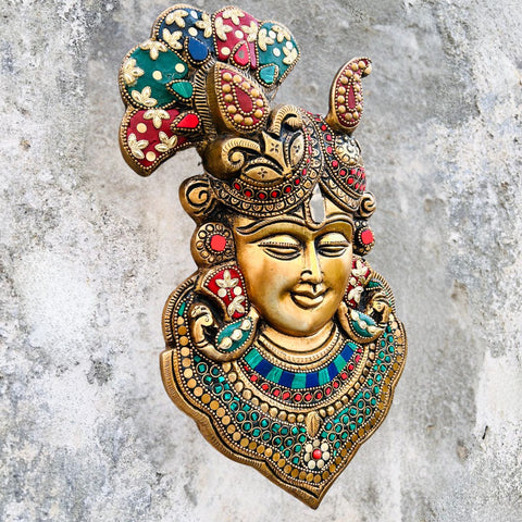 Brass Lord Krishna face Wall Hanging With Stone work