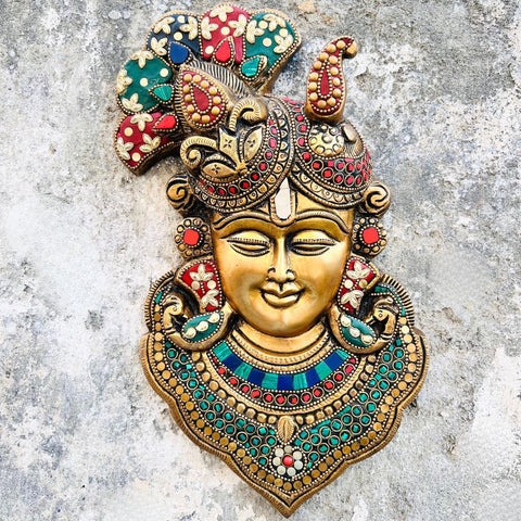 Brass Lord Krishna face Wall Hanging With Stone work