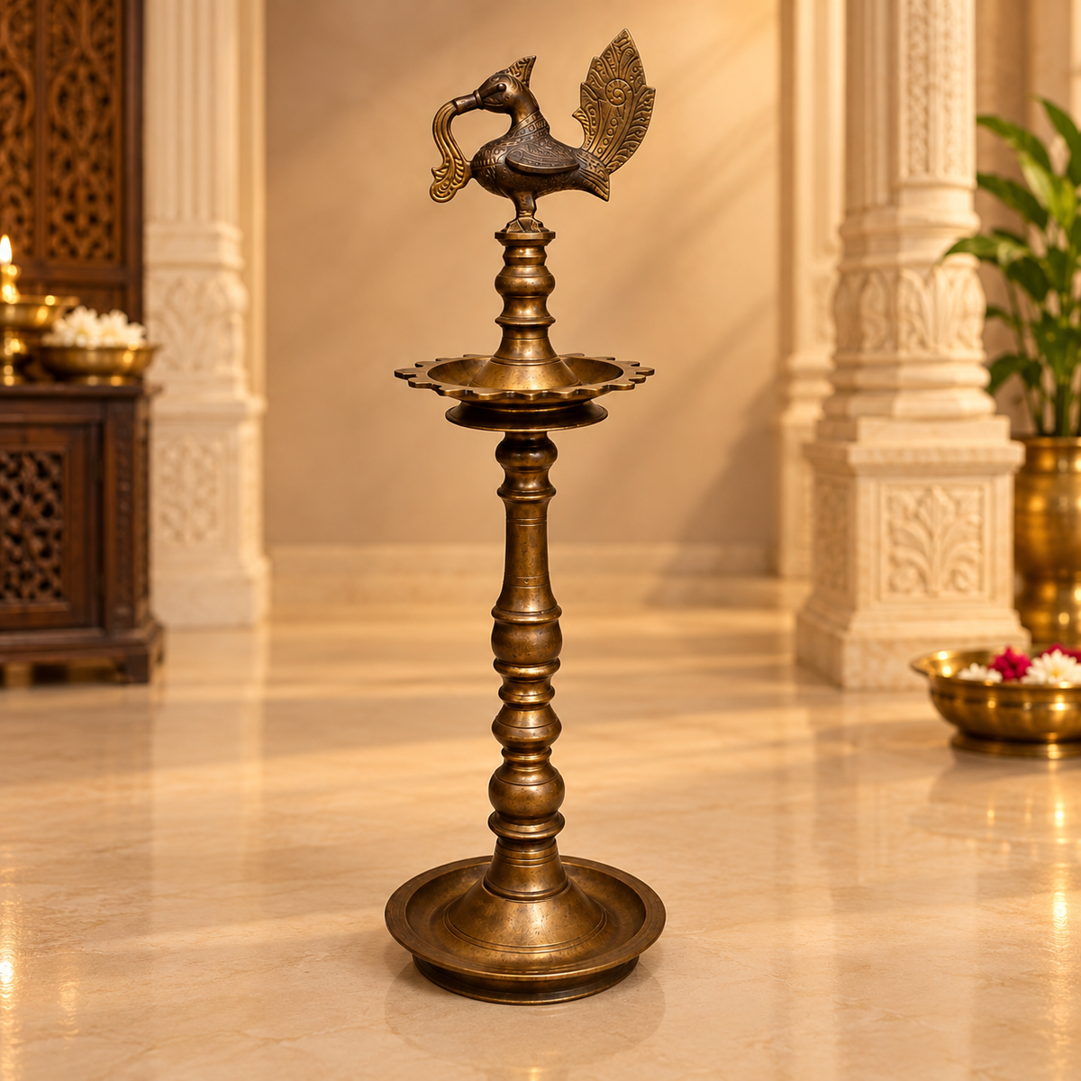 Vintage Old Kerala Brass Peacock Nilavilakku – Traditional Venu Oil Lamp
