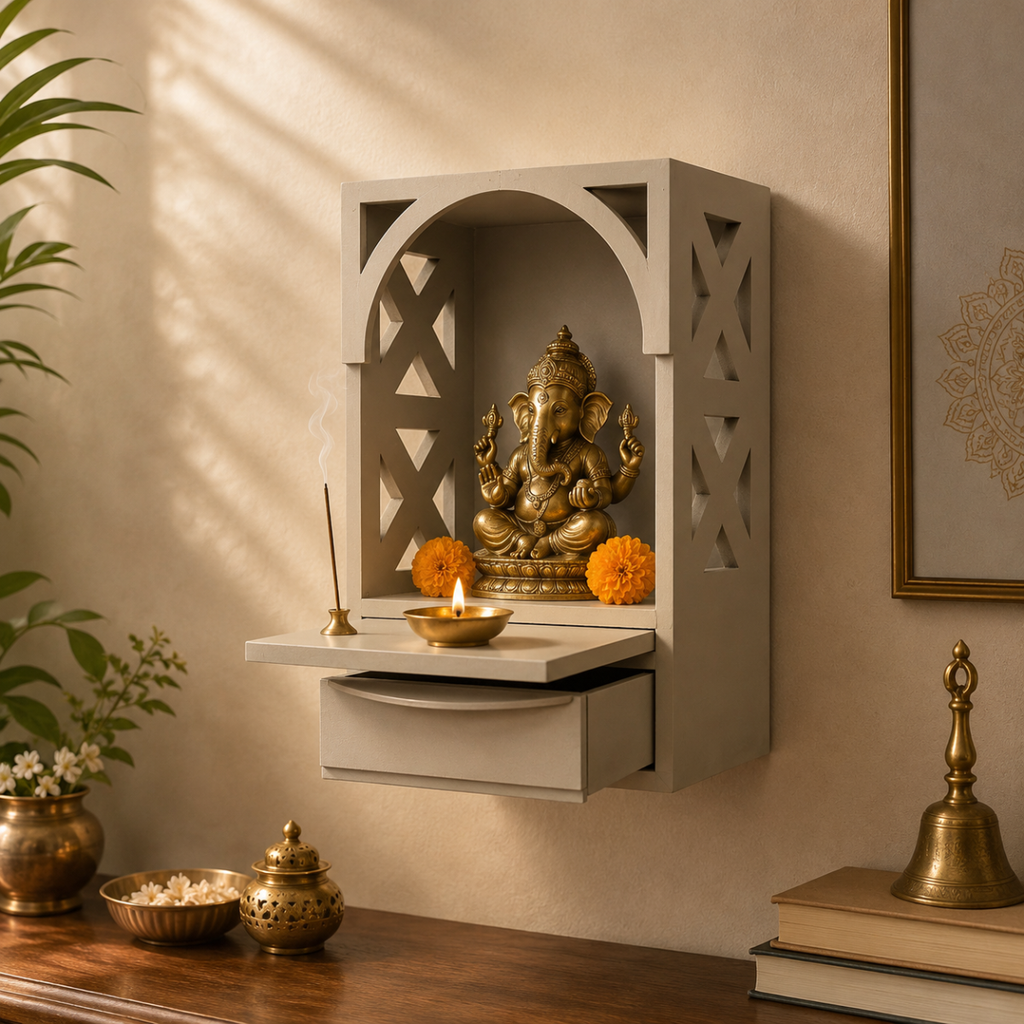 Arch Pooja Mandir with Drawer & Diya Tray Wooden at Home | 14.5 Inch