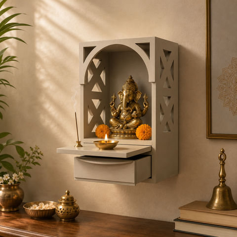 Arch Pooja Mandir with Drawer & Diya Tray Wooden at Home | 14.5 Inch