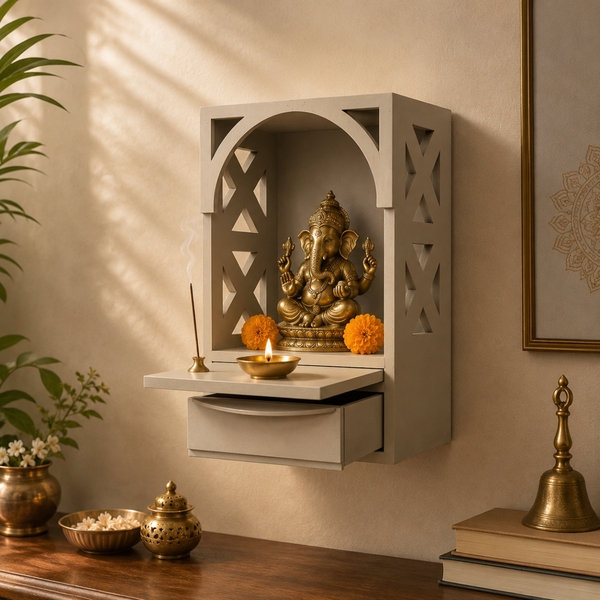 Arch Pooja Mandir with Drawer & Diya Tray Wooden at Home | 14.5 Inch