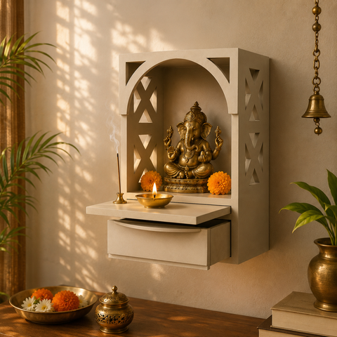Arch Pooja Mandir with Drawer & Diya Tray Wooden at Home | 14.5 Inch