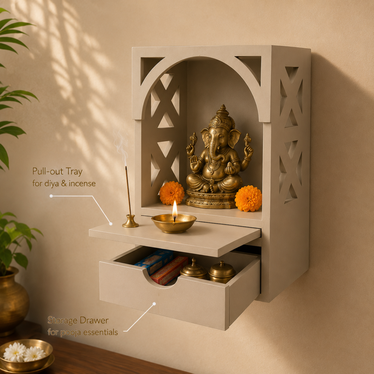 Arch Pooja Mandir with Drawer & Diya Tray Wooden at Home | 14.5 Inch