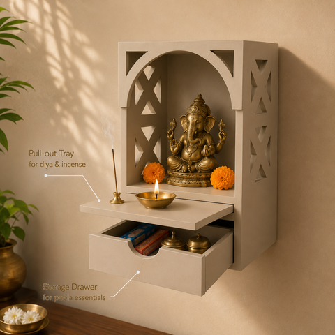 Arch Pooja Mandir with Drawer & Diya Tray Wooden at Home | 14.5 Inch