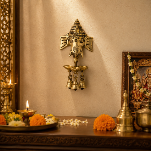 Brass Ganesha Face Wall Hanging Diya with Bell – 4.5 Inch Traditional Home Décor