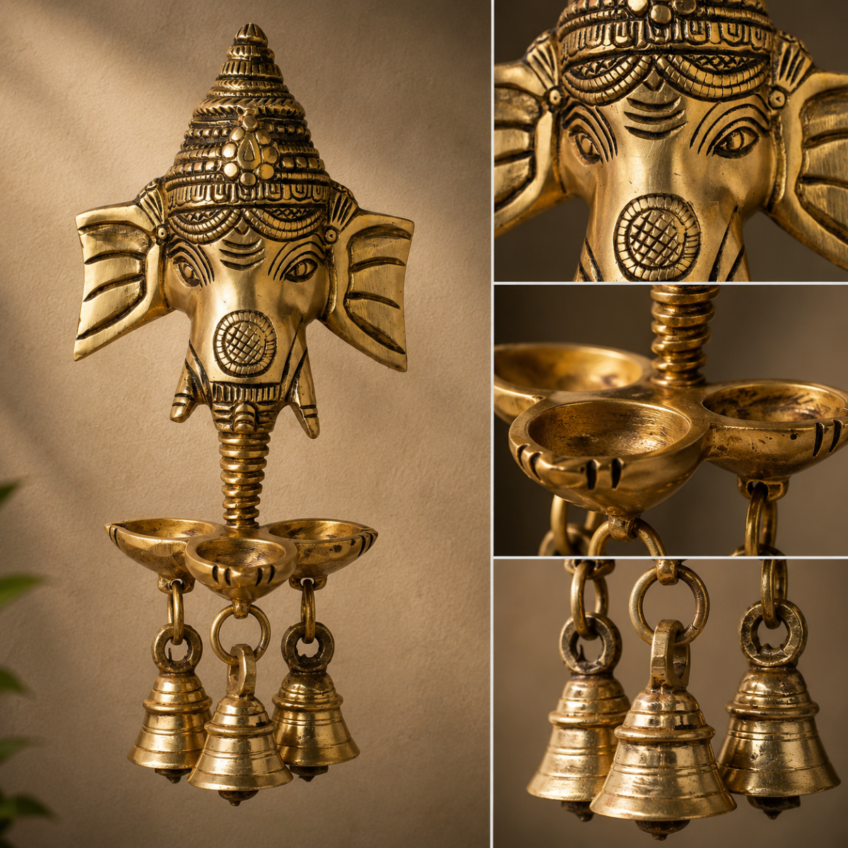 Brass Ganesha Face Wall Hanging Diya with Bell – 4.5 Inch Traditional Home Decor