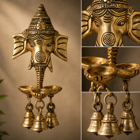Brass Ganesha Face Wall Hanging Diya with Bell – 4.5 Inch Traditional Home Décor