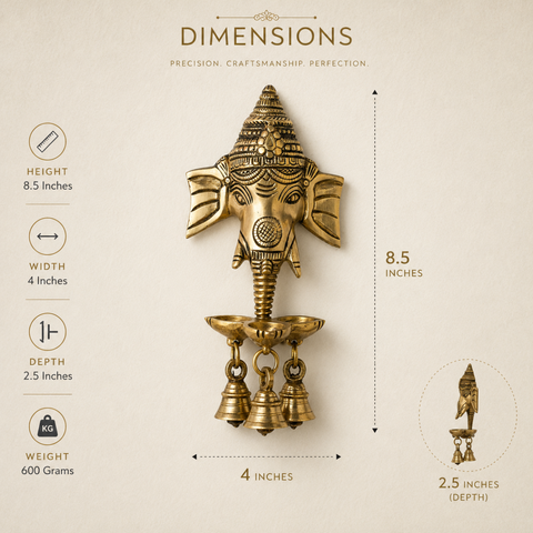 Brass Ganesha Face Wall Hanging Diya with Bell – 4.5 Inch Traditional Home Décor