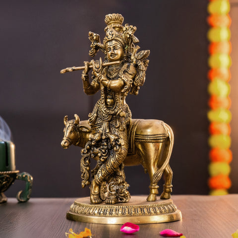 Brass Krishna statue with Cow Figurine