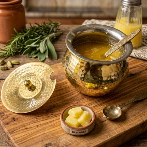Traditional brass ghee container for kitchen and pooja use