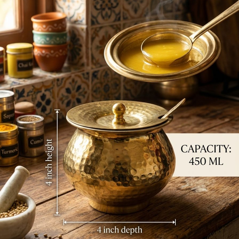 Brass ghee pot with spoon and lid for daily use with dimensions