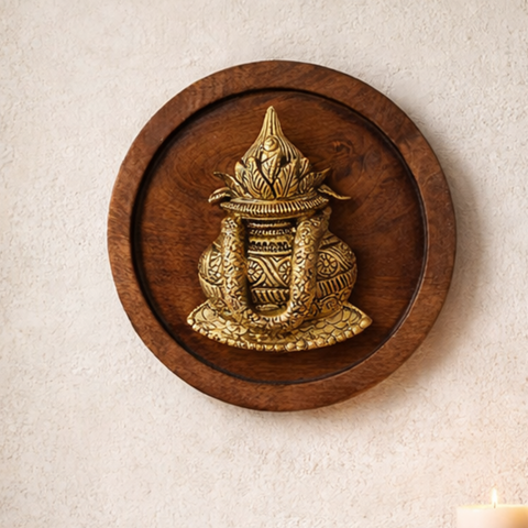 Brass Kalash on Wooden Round Plate Wall Decor | 12Inch