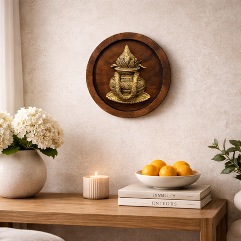 Brass Kalash on Wooden Round Plate Wall Decor | 12Inch