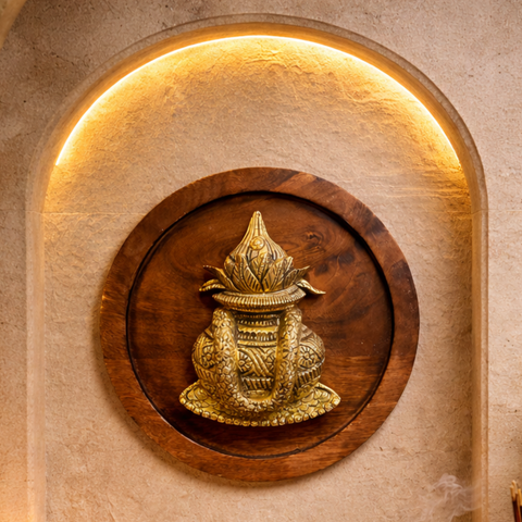 Brass Kalash on Wooden Round Plate Wall Decor | 12Inch
