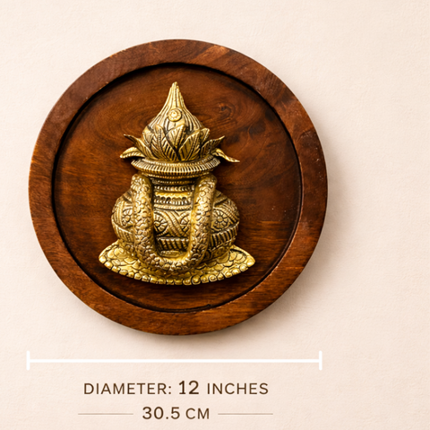 Brass Kalash on Wooden Round Plate Wall Decor | 12Inch
