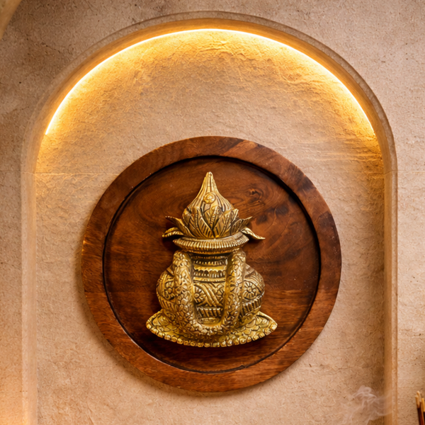 Brass Kalash on Wooden Round Plate Wall Decor | 12Inch