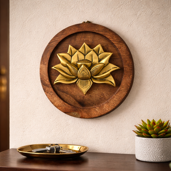 Brass Lotus Bloom on Wooden Round Plate Wall Decor | 10inch