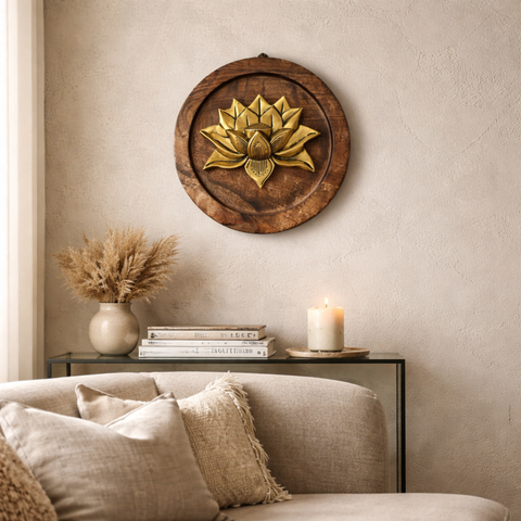 Brass Lotus Bloom on Wooden Round Plate Wall Decor | 10inch