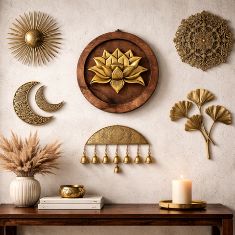 Brass Lotus Bloom on Wooden Round Plate Wall Decor | 10inch