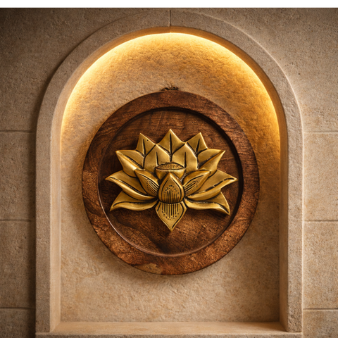 Brass Lotus Bloom on Wooden Round Plate Wall Decor | 10inch