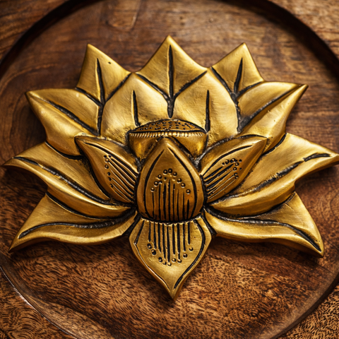 Brass Lotus Bloom on Wooden Round Plate Wall Decor | 10inch