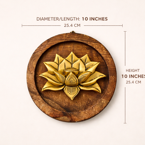 Brass Lotus Bloom on Wooden Round Plate Wall Decor | 10inch