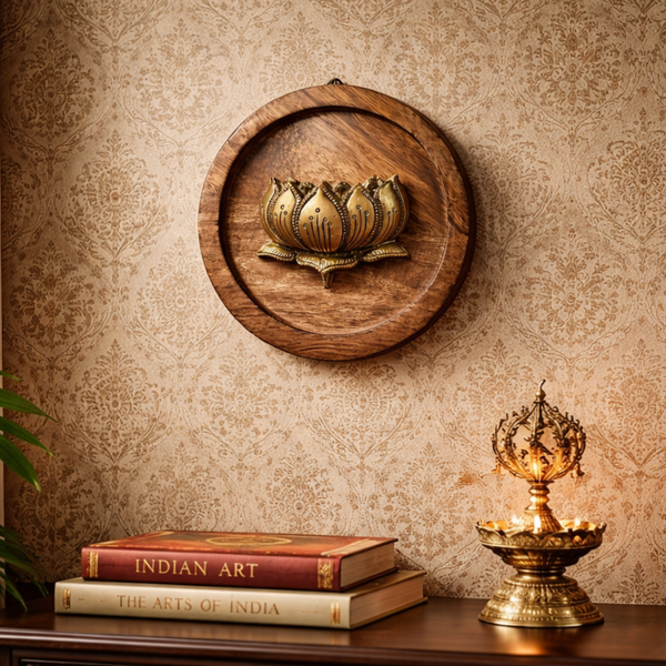 Brass Lotus on Wooden Round Plate Wall Decor | 8Inch