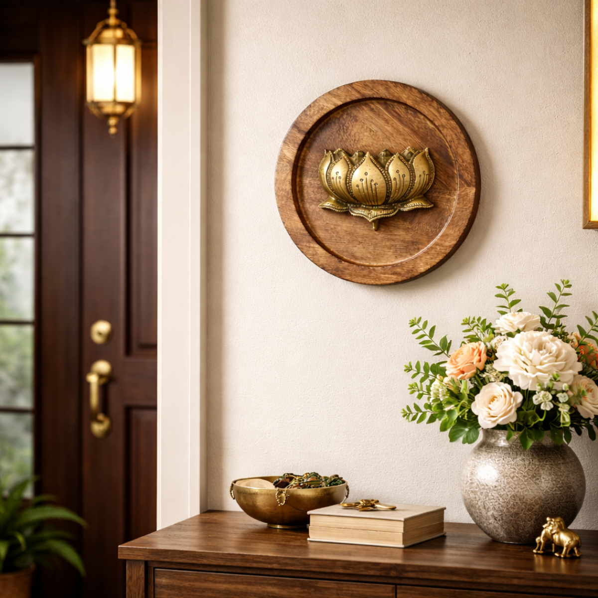 Brass Lotus on Wooden Round Plate Wall Decor | 8Inch