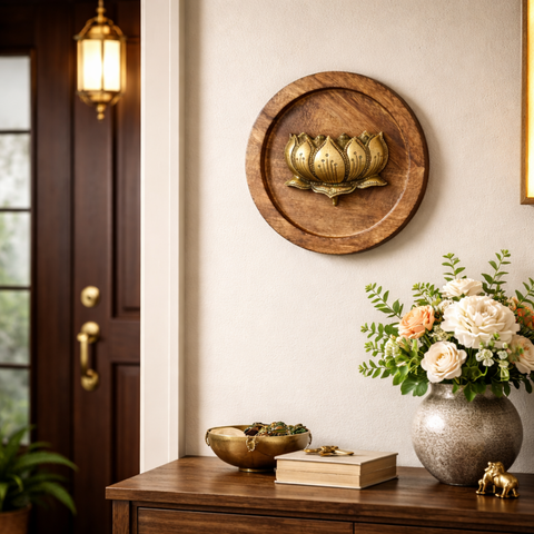 Brass Lotus on Wooden Round Plate Wall Decor | 8Inch