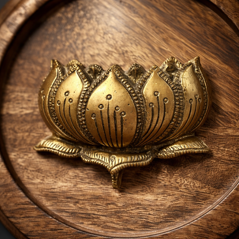 Brass Lotus on Wooden Round Plate Wall Decor | 8Inch