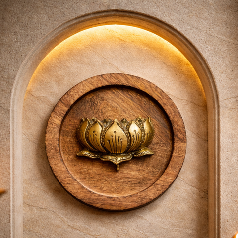 Brass Lotus on Wooden Round Plate Wall Decor | 8Inch