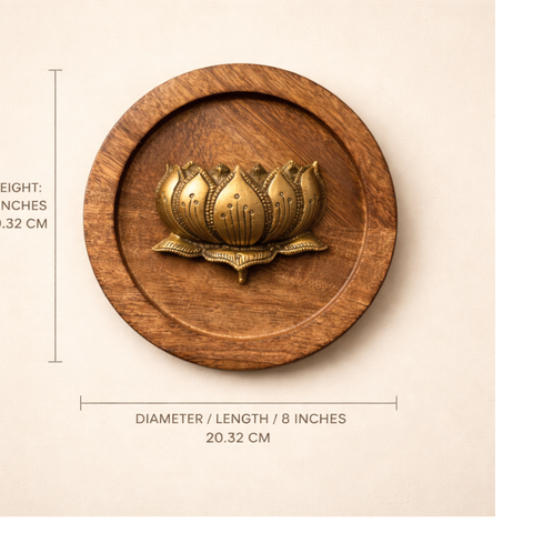Brass Lotus on Wooden Round Plate Wall Decor | 8Inch